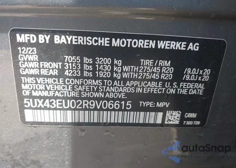 2024 BMW X5 Phev xDrive50E from USA, damaged, VIN 5UX43EU02R9V06615